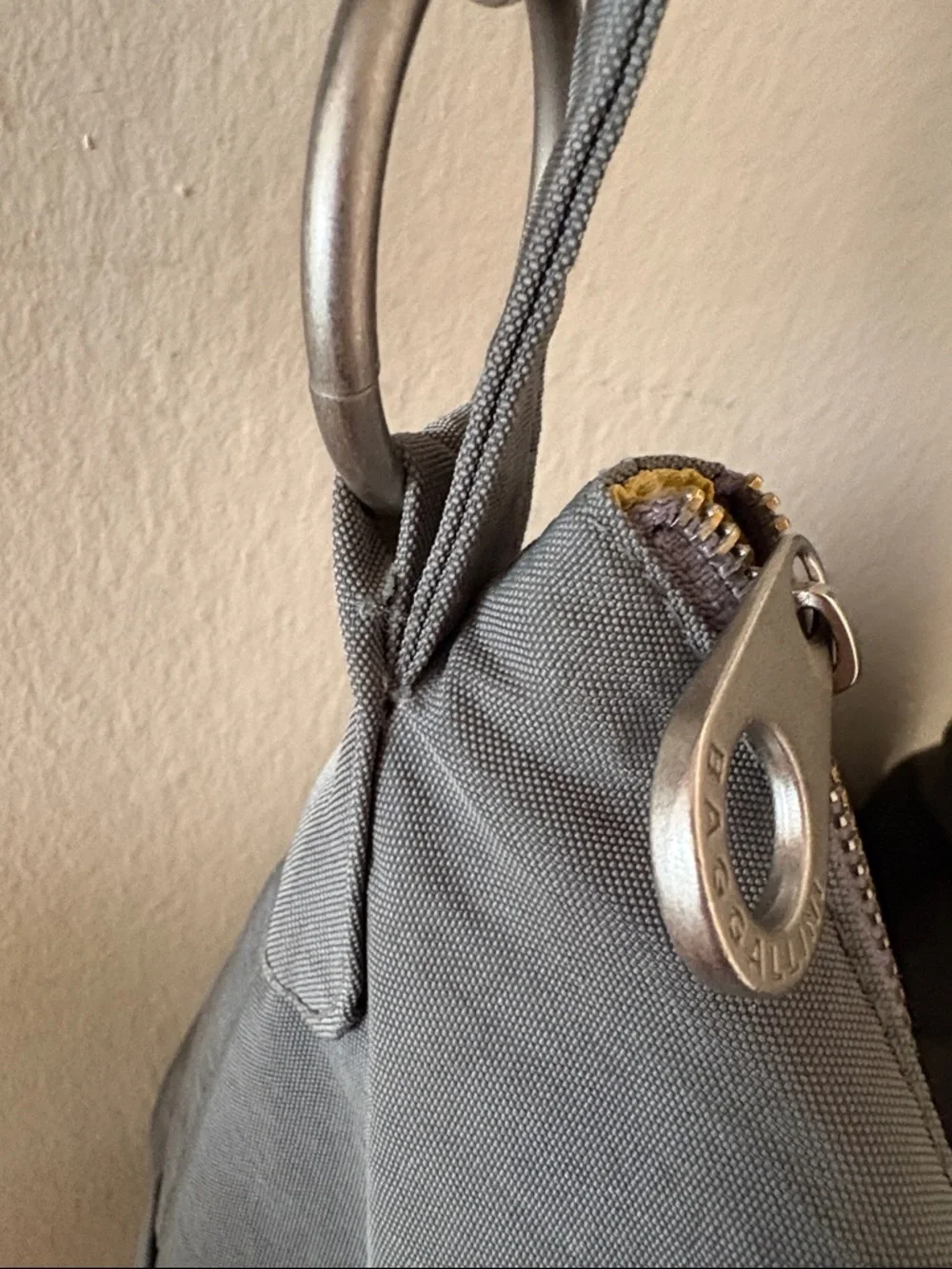 Baggalini Brussels Gray Crossbody Bag with O-Rings, Double Strap & Yellow Lining